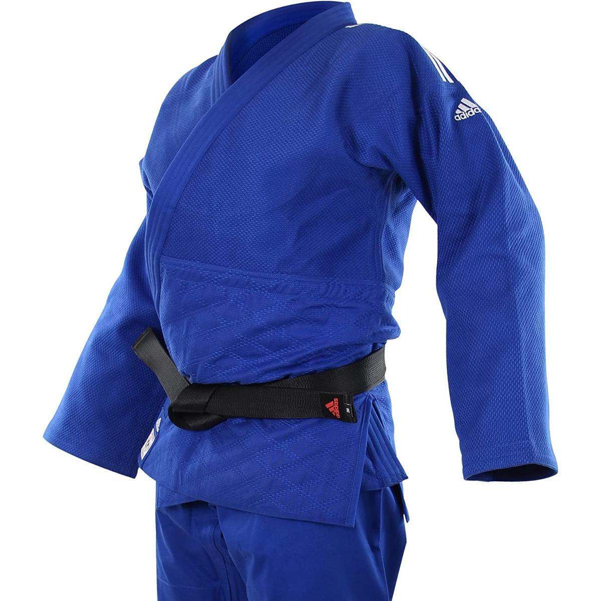 Blue Adidas Champion III IJF 2022 slim-fit judo kimono with reinforced fabric and professional design