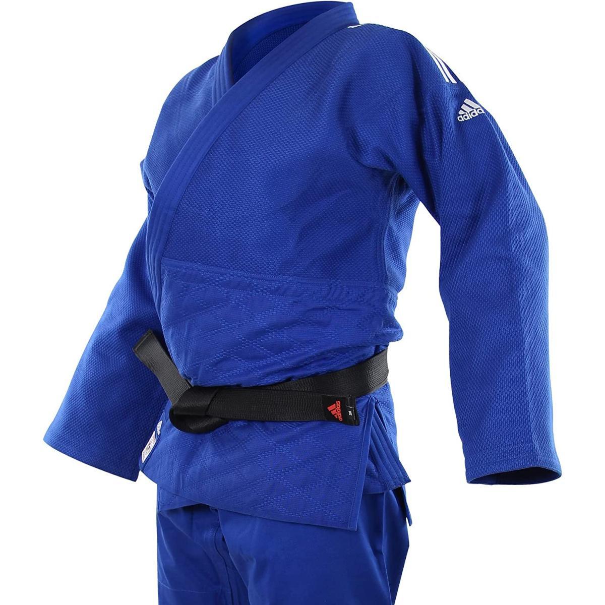Blue Adidas Champion III IJF 2022 Slimfit judo kimono with black belt and reinforced design