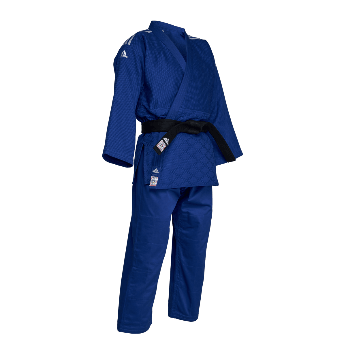 Blue Adidas Champion III IJF judo kimono with black belt, professional competition design