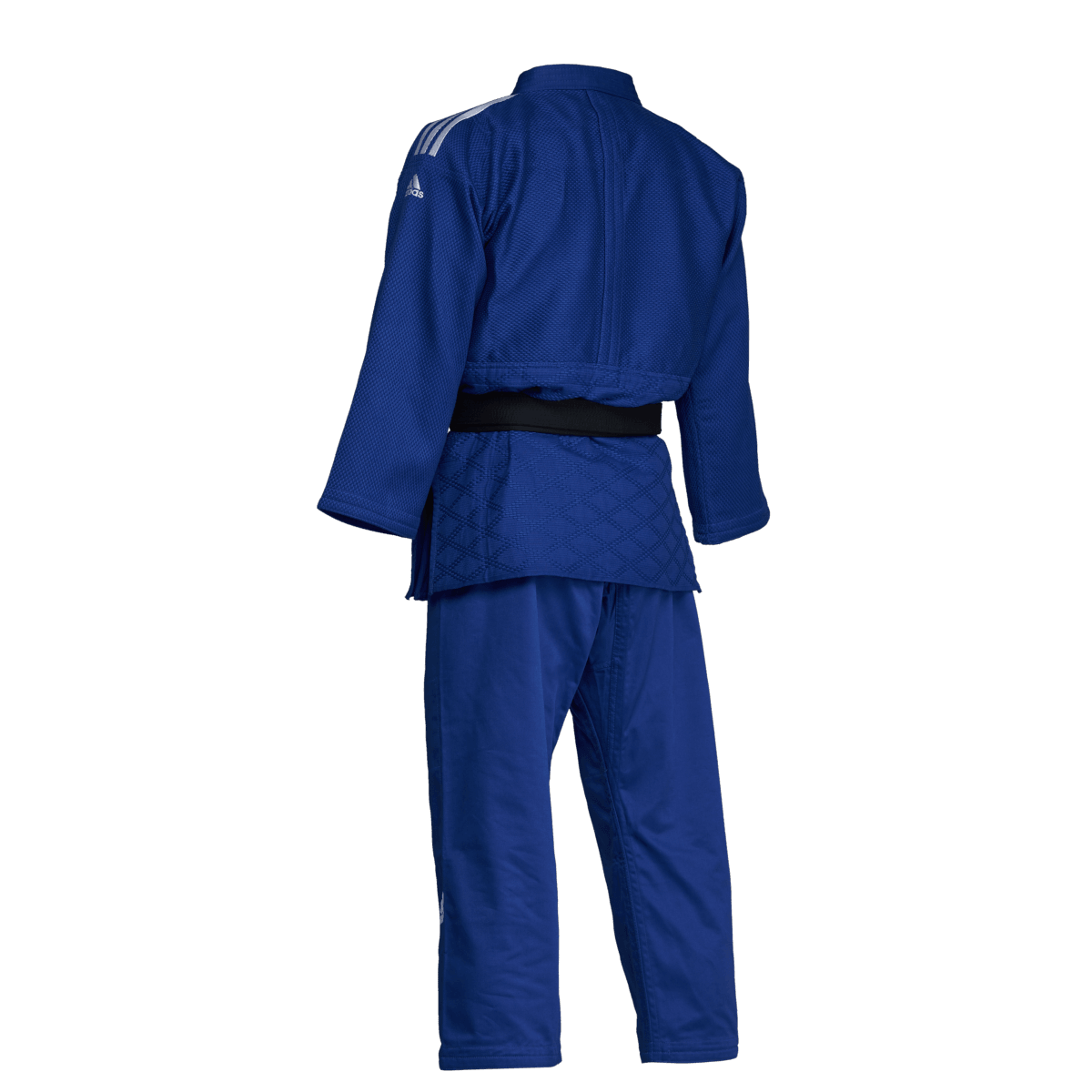 Blue Adidas Champion III IJF judo kimono with white embroidered stripes, designed for high-level competition.