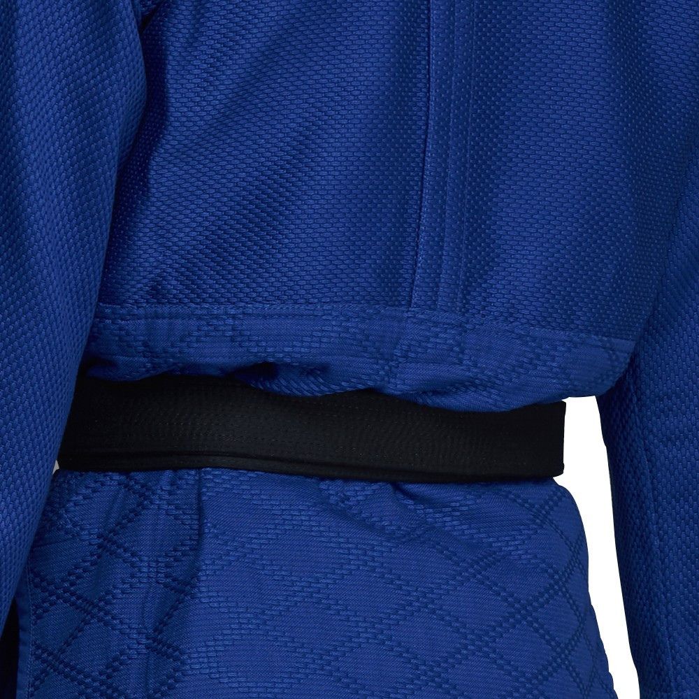 Blue Adidas Champion III IJF judo kimono with black belt, textured fabric and reinforced stitching designed for high-level competition