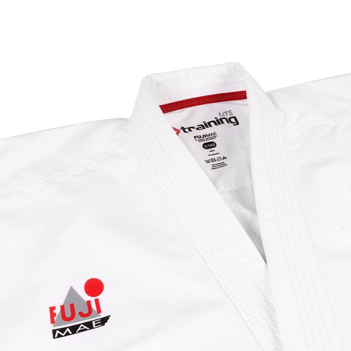 White Karaté Combat FUJIMAE lightweight breathable kimono with red and black logo and elastic waistband pants for kumite training and competition