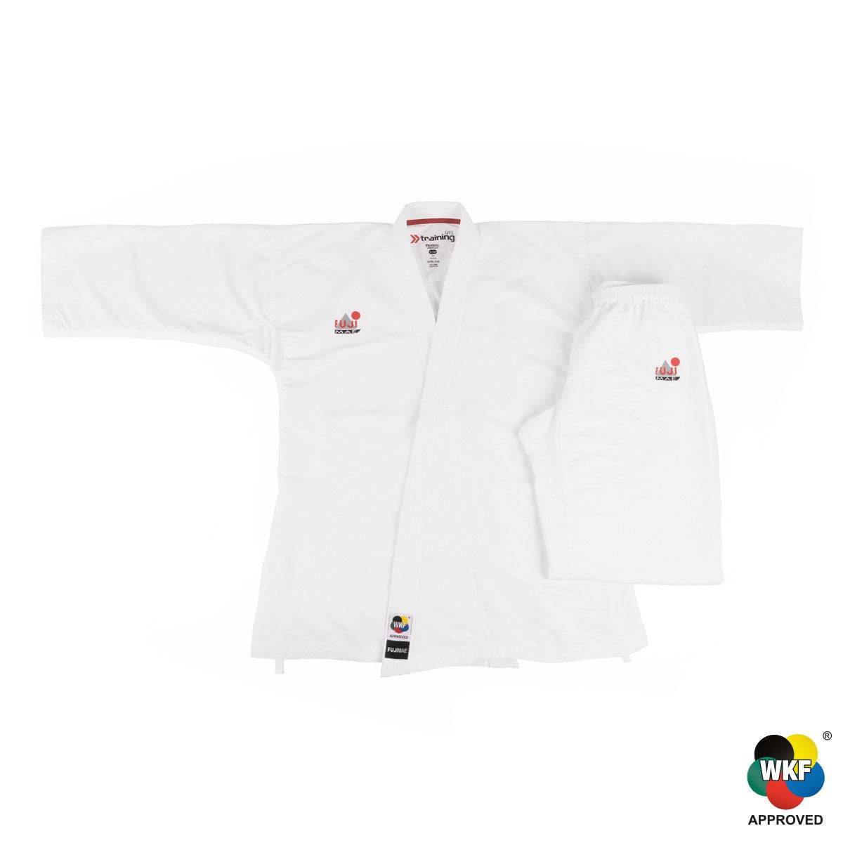 White lightweight breathable Karaté Combat FUJIMAE gi with elastic waistband pants, WKF approved for kumite competition and training.