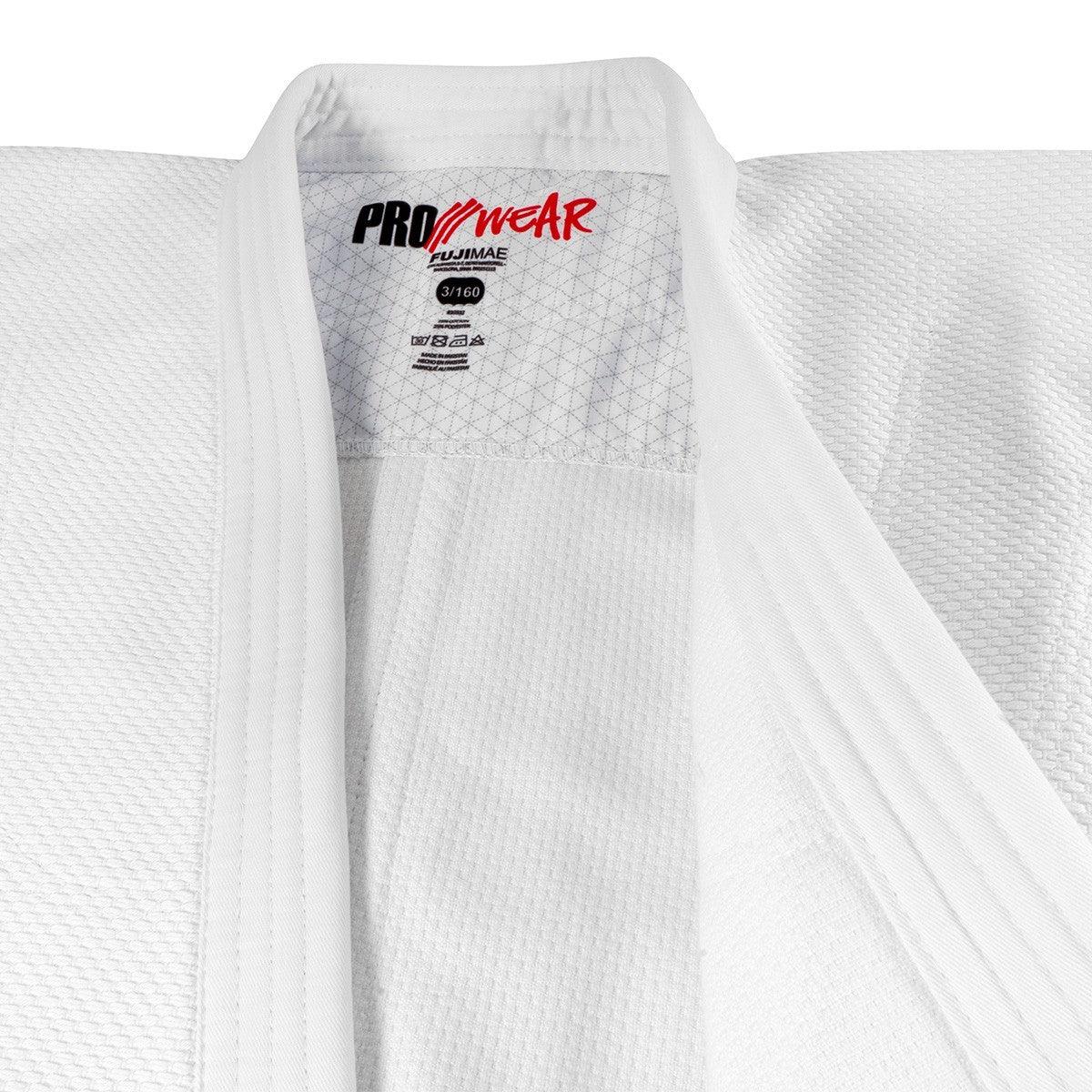 White Judo Gi ProWear 2 by FUJIMAE with textured fabric and reinforced collar for competition use