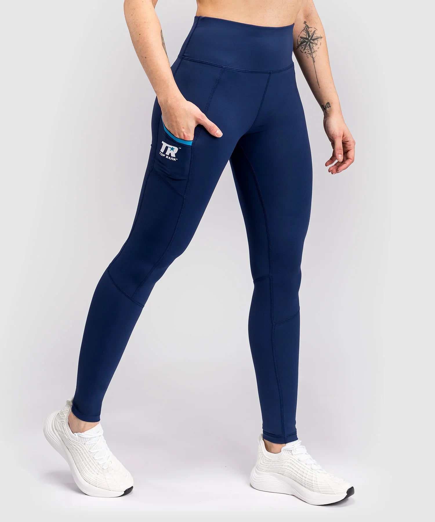 Navy blue compressive long leggings for women with high waist and side pocket, Venum x Top Rank design