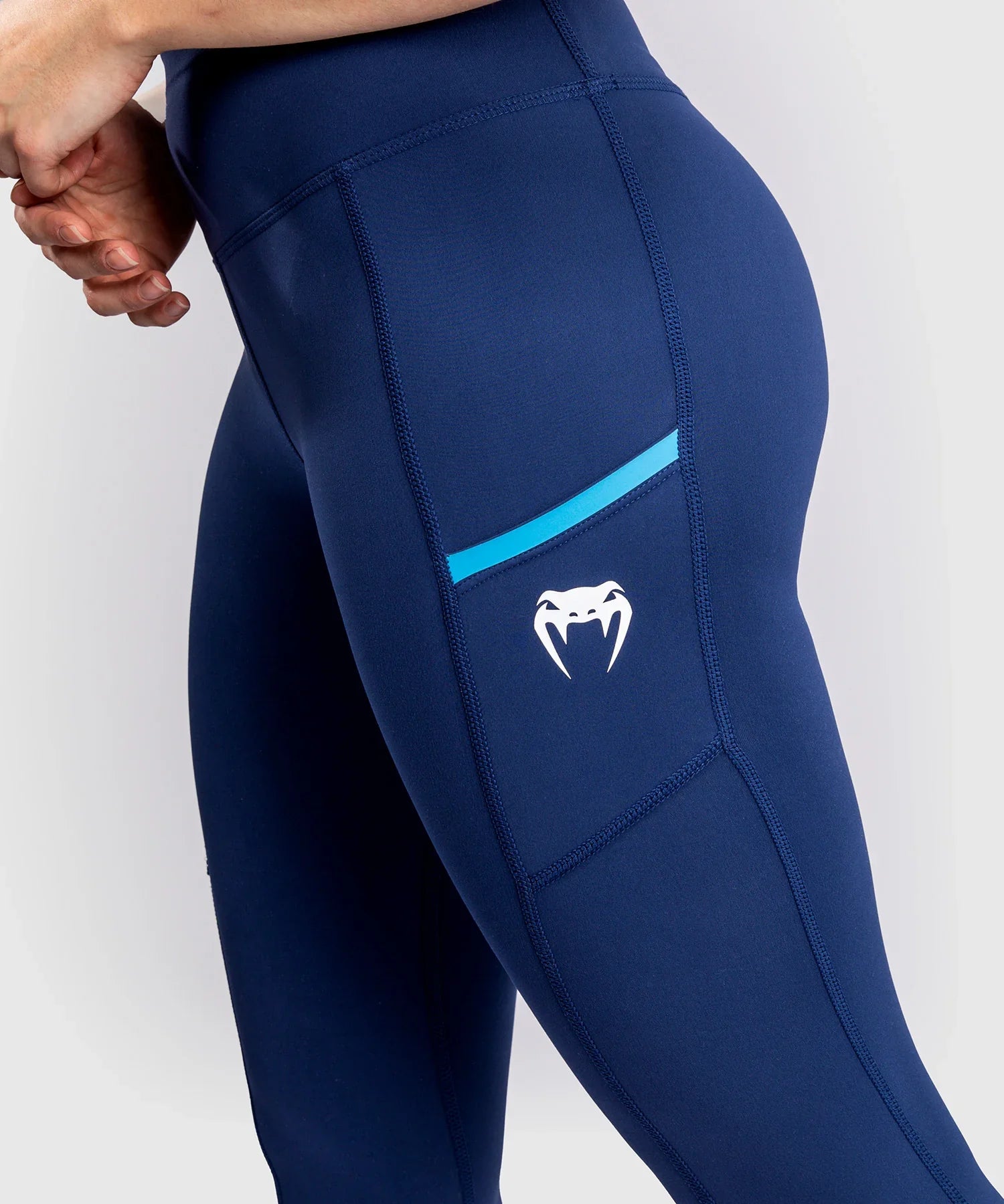 Navy blue Venum x Top Rank compression leggings with side pocket and logo detail