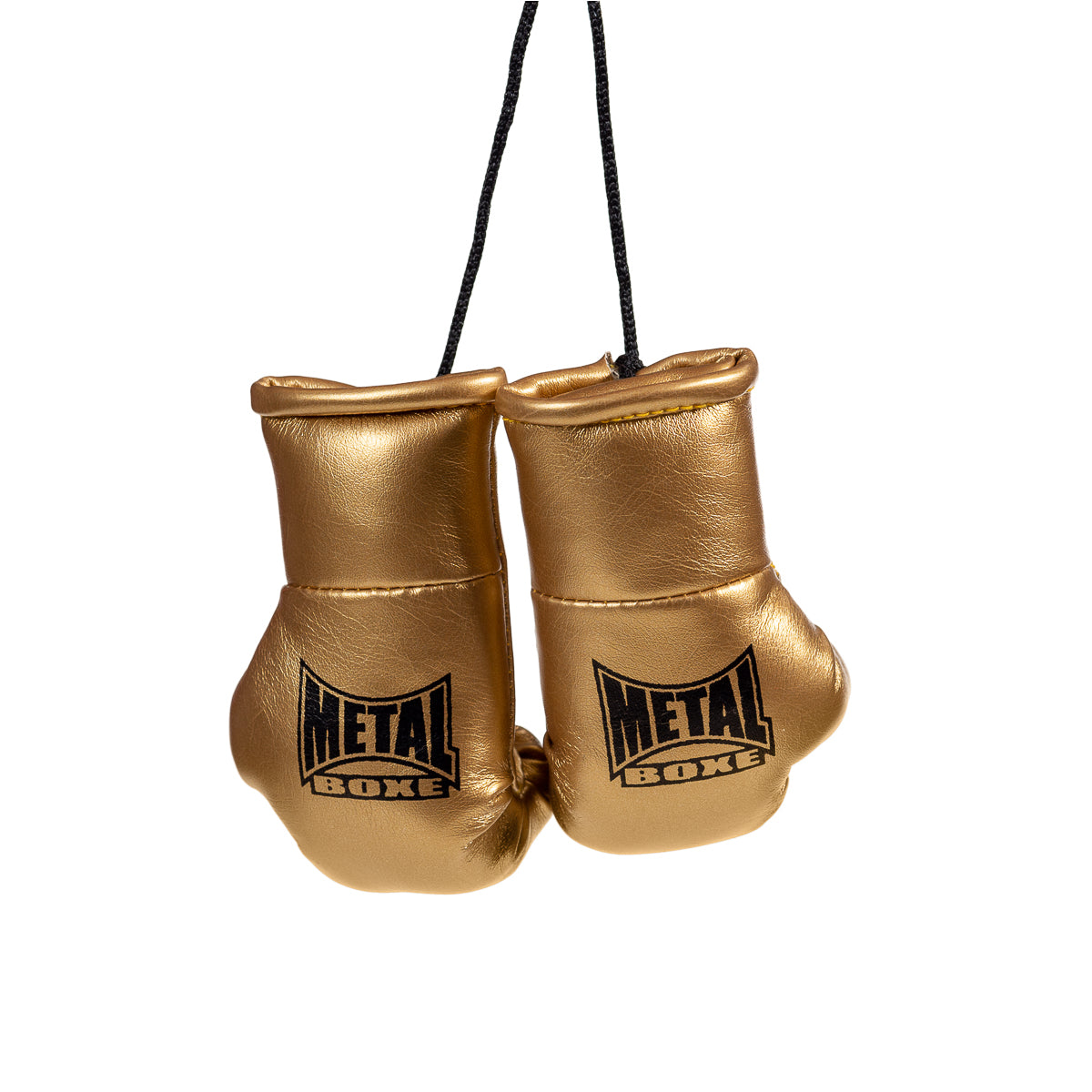 Pair of gold mini boxing gloves with Metal Boxe logo and hanging string