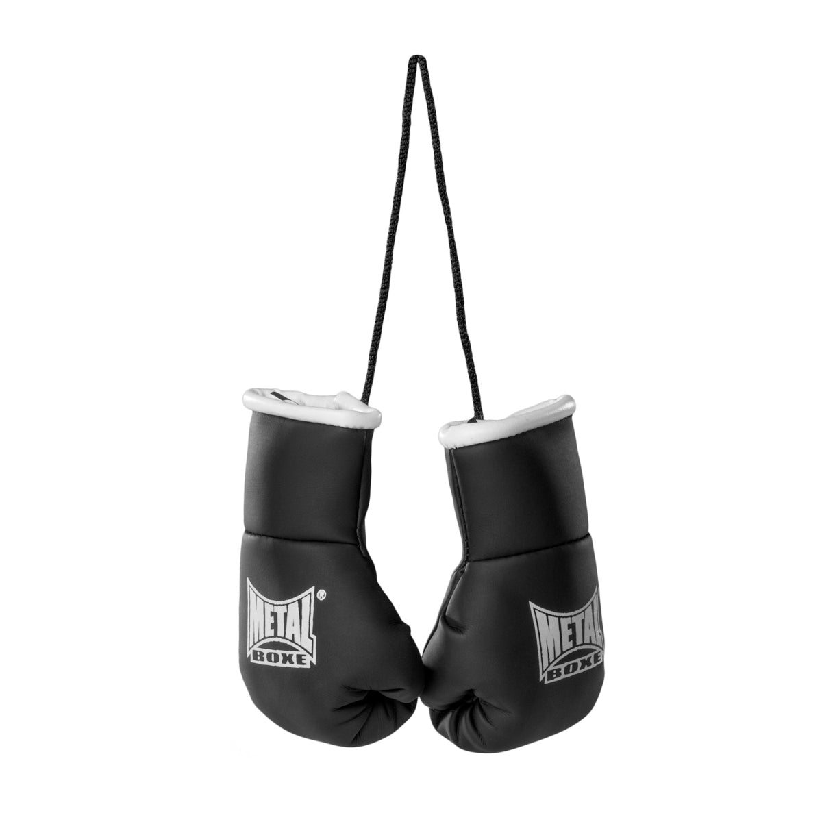 Pair of black mini boxing gloves with Metal Boxe logo and hanging string
