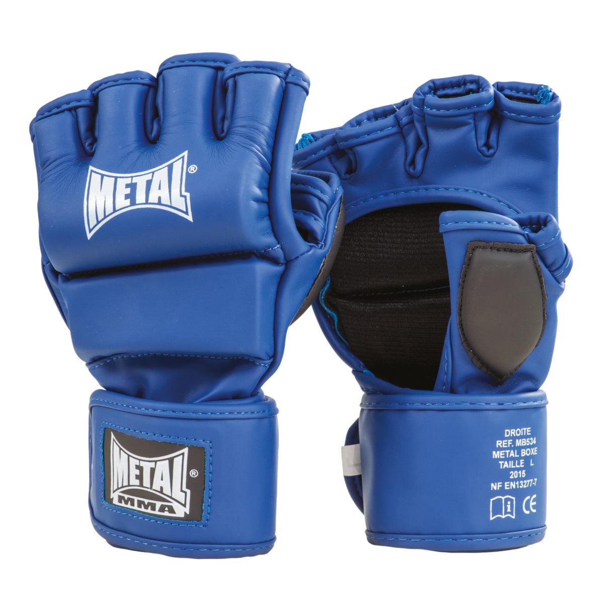 Blue Metal Boxe MMA competition gloves with open fingers and wrist strap closure