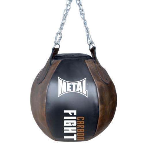 Balle de frappe Metal Boxe Carbon Fight, cuir marron et noir, diamètre 60 cm, pour boxe et arts martiaux.