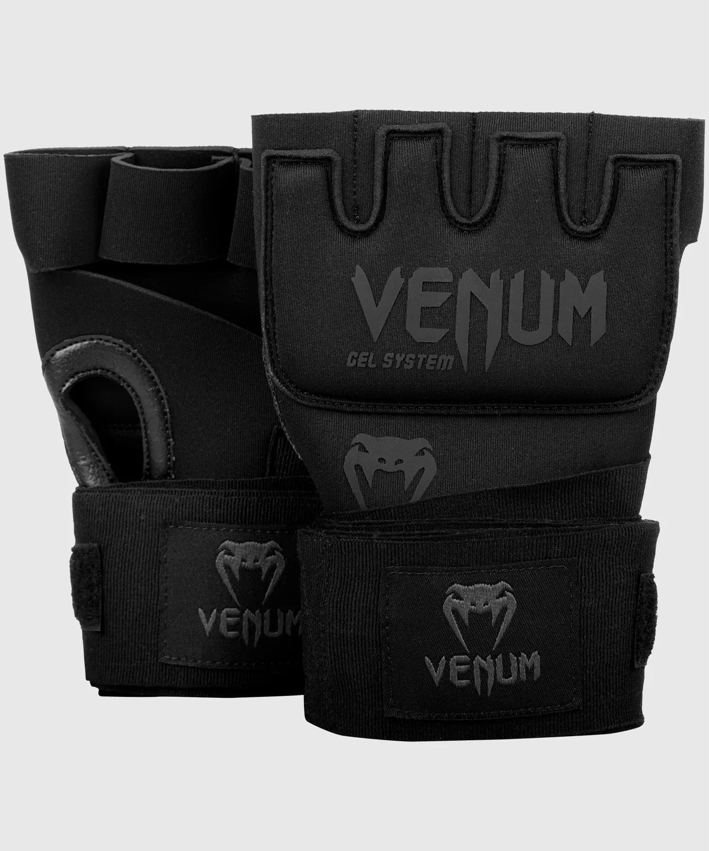Black Venum Kontact Gel System fighting hand wraps with wrist support for martial arts protection.