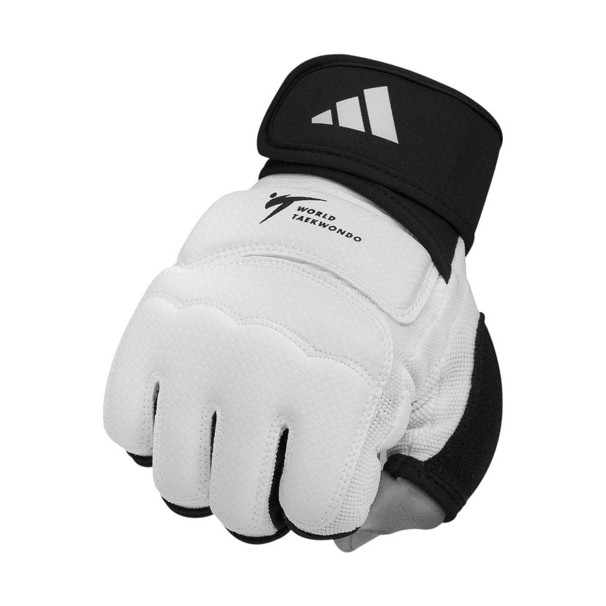 White Adidas Fighter WT taekwondo gloves with World Taekwondo logo and adjustable black wrist strap