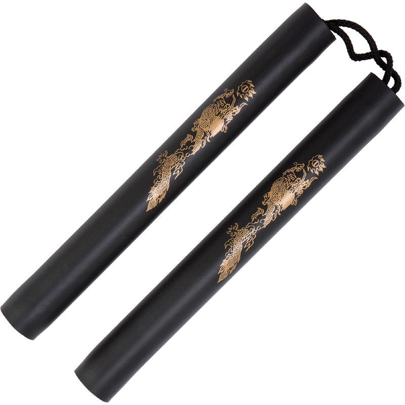 Nunchaku d'entraînement en mousse à corde Noris noir avec motif dragon doré, manches de 30 cm