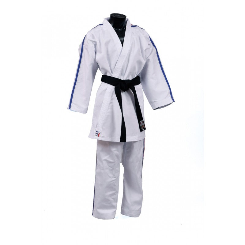 White Kimono de karate Contact Noris with blue stripes on sleeves and pants, black belt, official karate contact training and competition suit by Noris.