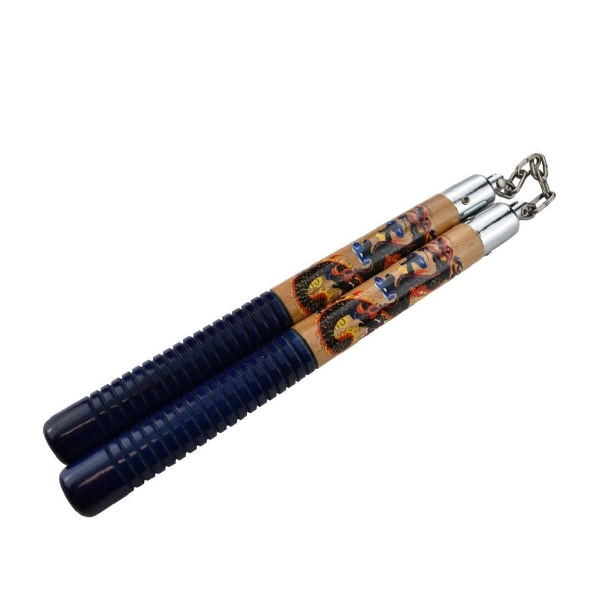 Blue dragon wooden nunchaku with chain and anti-slip grips for martial arts training