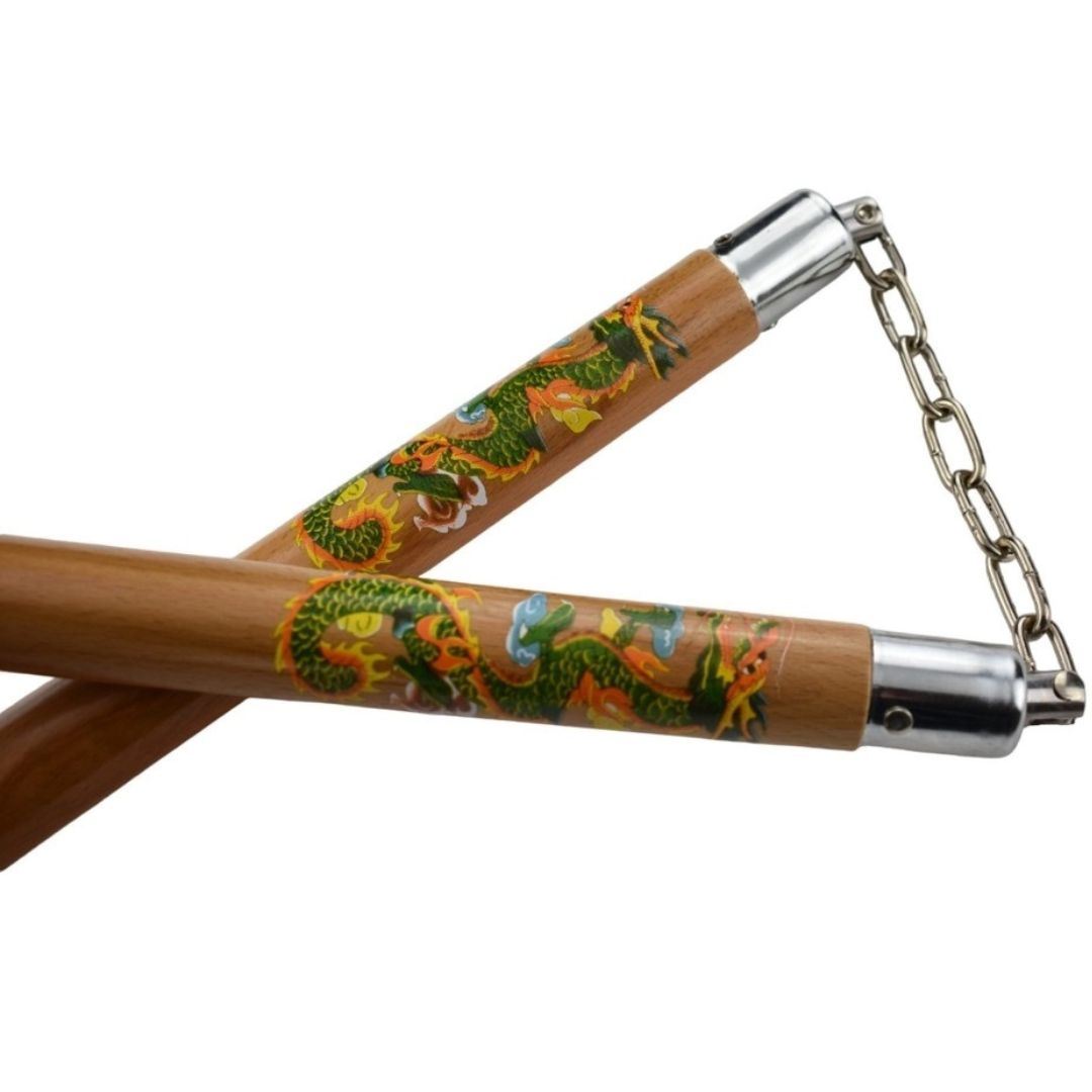 Nunchaku bois Naturel chaîne rond dragon 30 cm - NS20