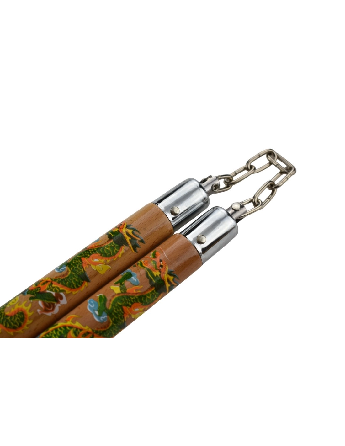 Nunchaku Bois Strié Dragon Naturel Piranha – Chaîne 30 cm