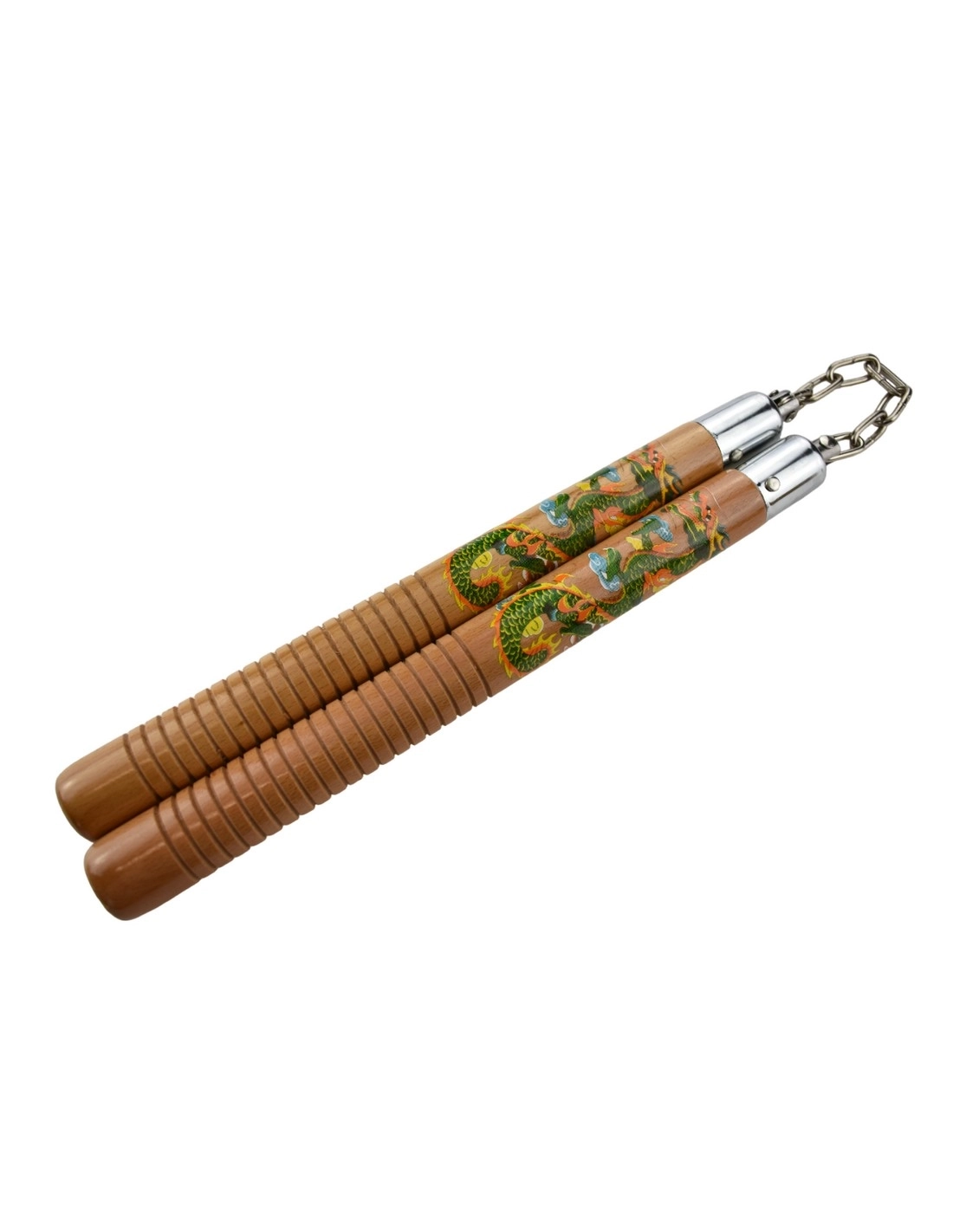 Nunchaku Bois Strié Dragon Naturel Piranha – Chaîne 30 cm
