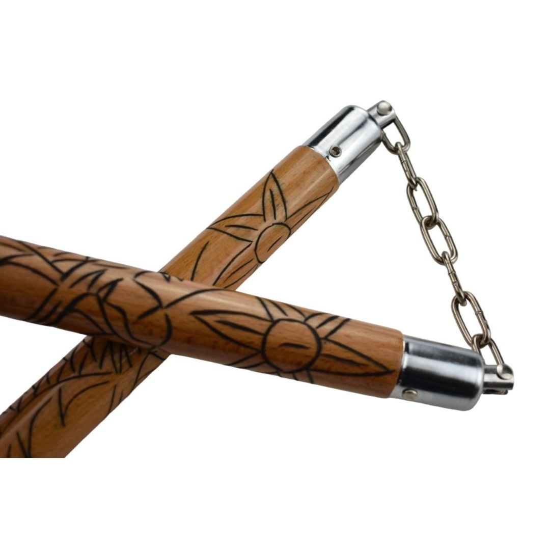 Traditional engraved dragon wooden nunchaku with 30 cm beech wood handles and 13 cm metal chain