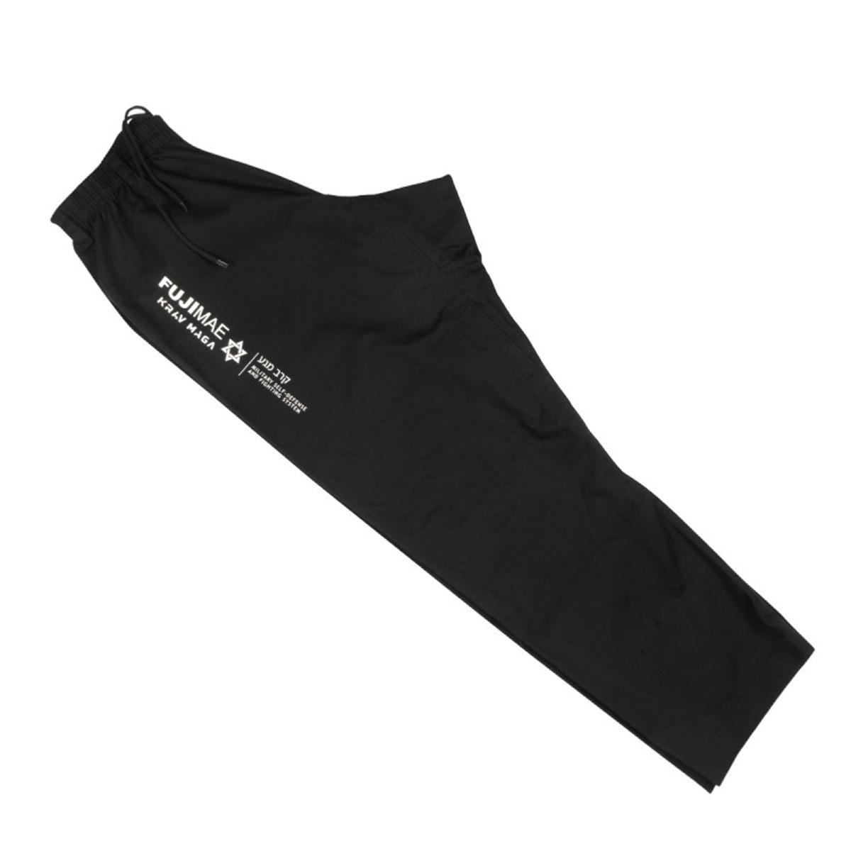 Pantalon de Krav Maga noir FUJIMAE en tissu Ripstop résistant avec taille élastique et renforts genoux, adapté self-défense.