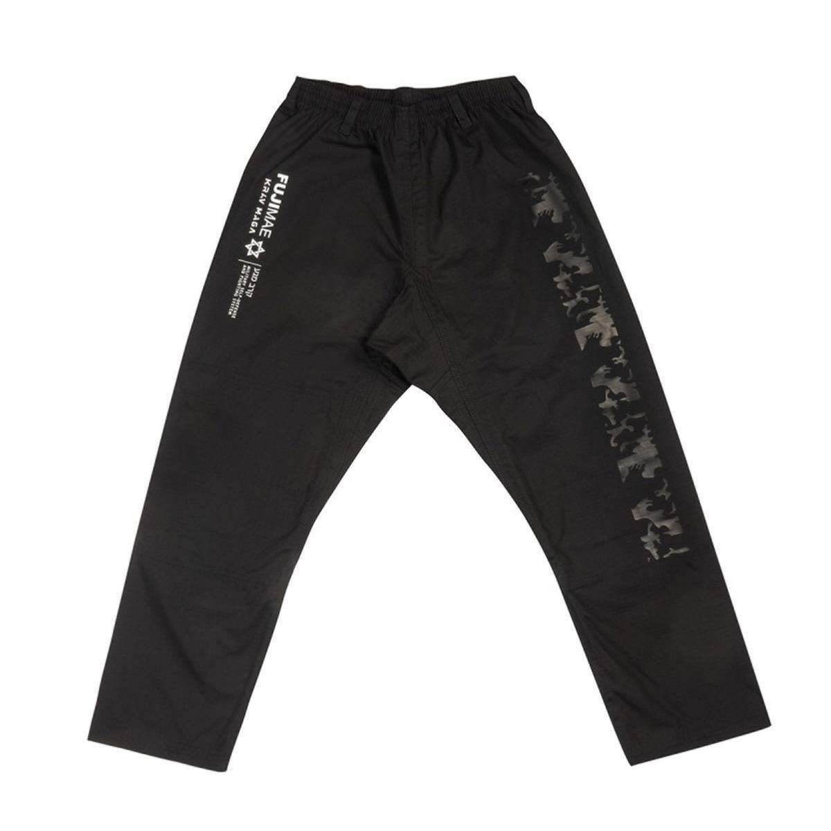 Pantalon de Krav Maga FUJIMAE noir en tissu Ripstop résistant avec renforts genoux, taille élastique et cordon de serrage, idéal pour self-défense.