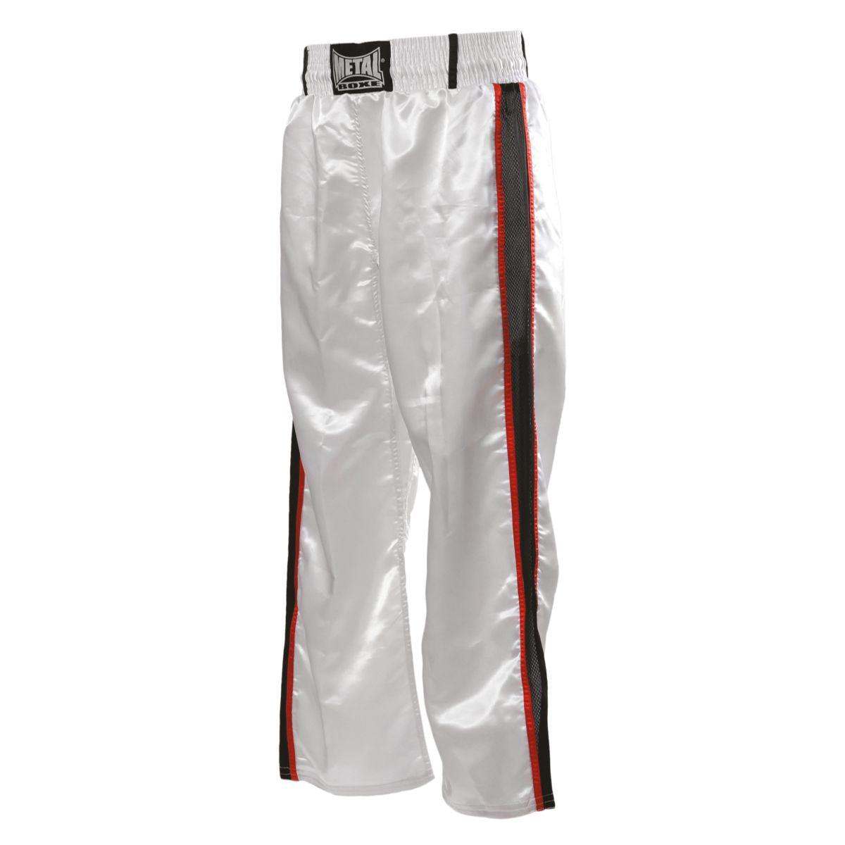 White Full-Contact Metal Boxe MB55 pants with two black and red side stripes for kickboxing and full-contact training