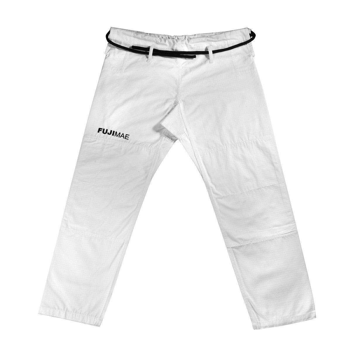 White FUJIMAE Brazilian Jiu Jitsu training pants with reinforced knees and waist adjustments, lightweight ripstop fabric.