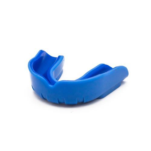 Blue bi-material children's mouthguard with dual gel layer for sports protection