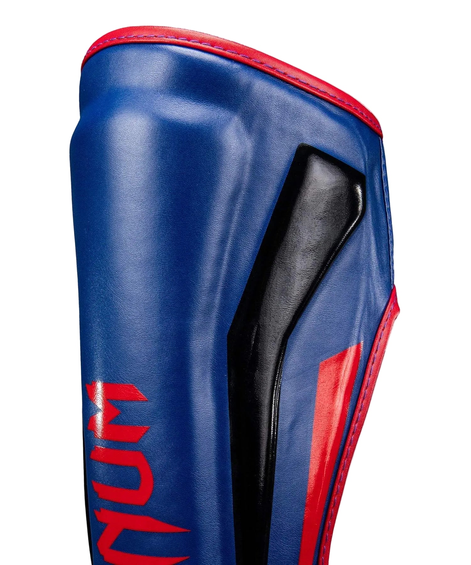 Protège-tibias Venum Elite bleu foncé et rouge pour Muay Thaï et MMA.