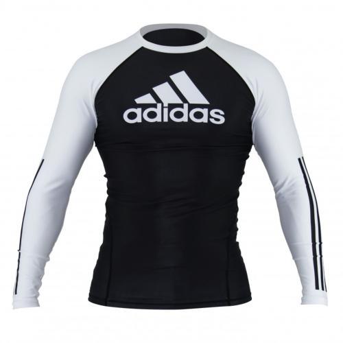 Black and white long sleeve Adidas Rashguard JJB for NoGi Brazilian Jiu Jitsu competition, IBJJF approved, made with 73% recycled polyester and compression fabric.