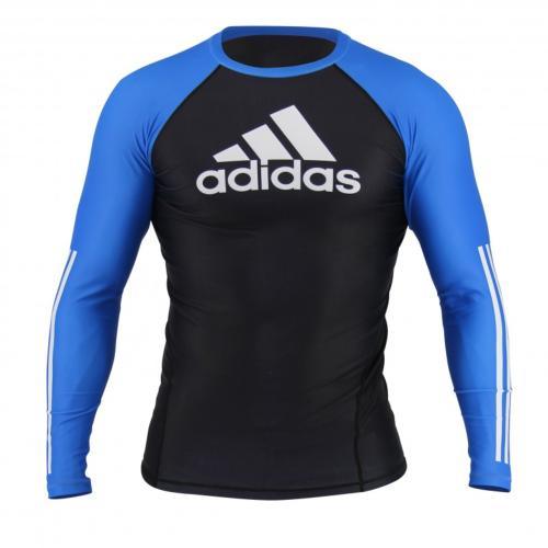 Rashguard Adidas JJB long sleeve NoGi black and blue, IBJJF approved, made from recycled polyester and spandex.