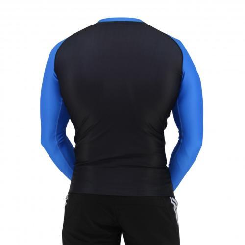 Back view of Rashguard Adidas JJB long sleeve NoGi compression shirt in black and blue, IBJJF approved for Brazilian Jiu Jitsu competition.