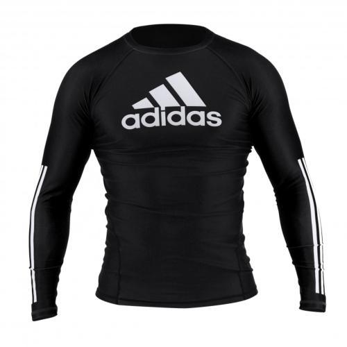 Black long-sleeve Adidas JJB rashguard with white logo and stripes, IBJJF approved for No-Gi competition, made of recycled polyester and spandex.