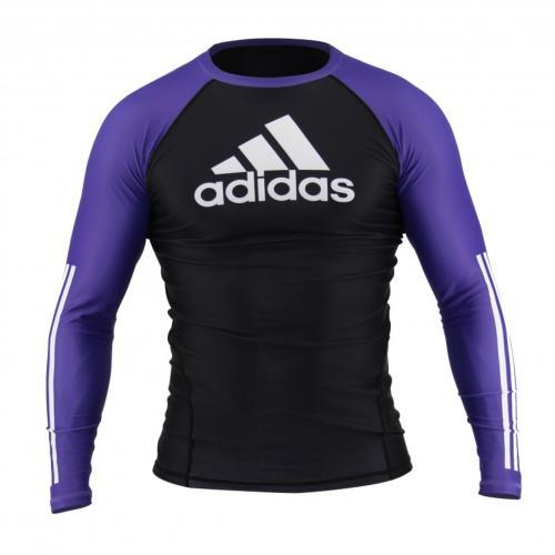 Long-sleeve Adidas JJB Rashguard for No-Gi Brazilian Jiu-Jitsu in black with purple sleeves, IBJJF approved, made of recycled polyester and spandex with compression fit.