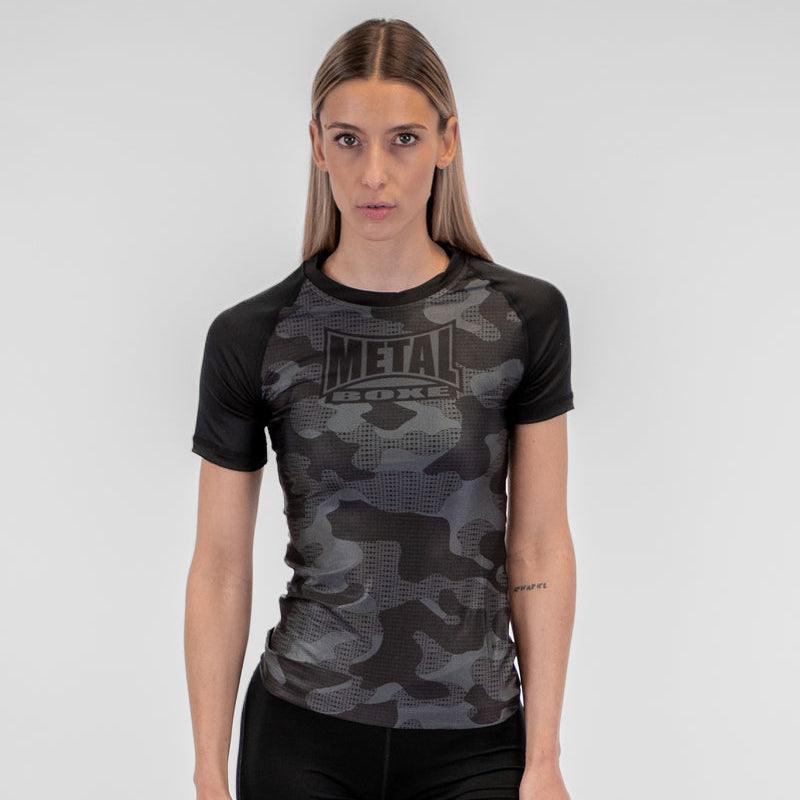 Rashguard femme Metal Boxe camo noir ajusté pour entraînement MMA et grappling