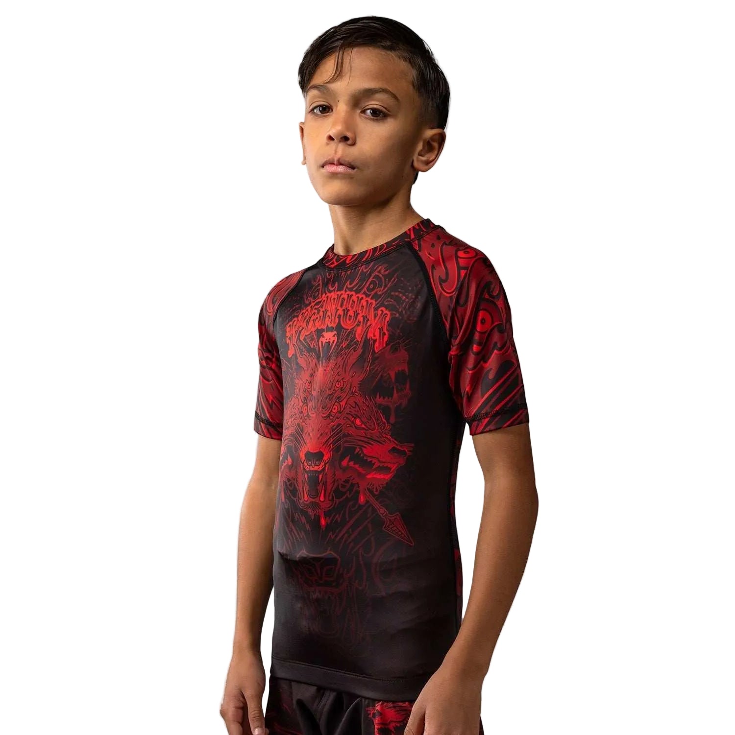Rashguard enfant manches courtes Venum Wolf Atak noir rouge pour entraînements BJJ et MMA
