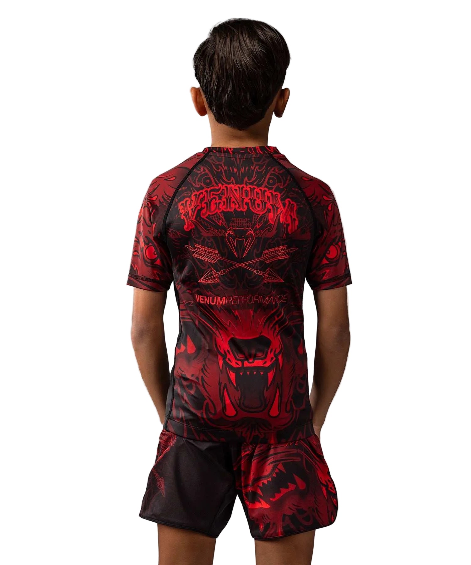 Rashguard enfant manches courtes Venum Wolf Atak noir rouge pour entraînement BJJ MMA