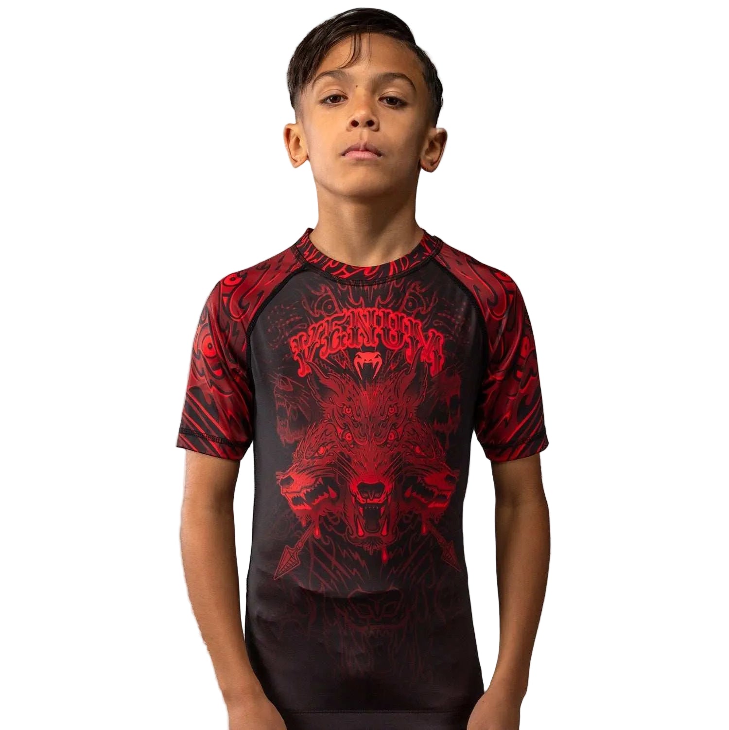 Rashguard enfant manches courtes noir rouge Venum Wolf Atak pour BJJ et MMA