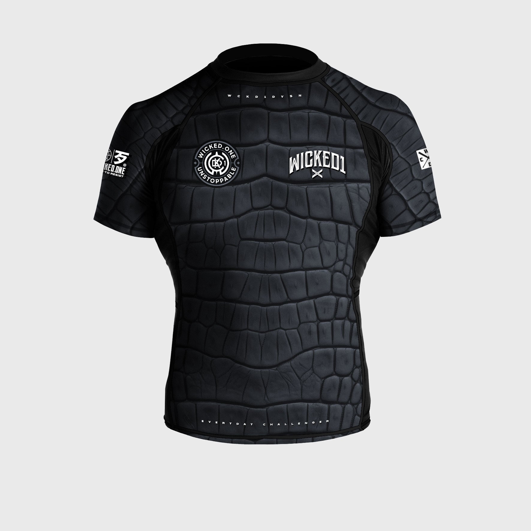 Rashguard manches courtes noir Wicked One CAÏMAN pour MMA et grappling, compressif et résistant