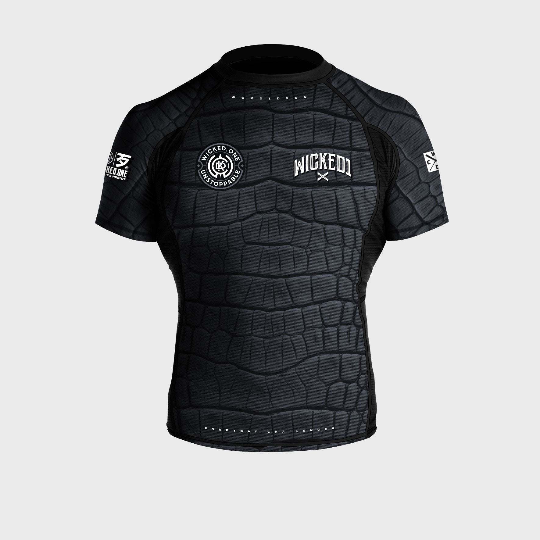 Rashguard manches courtes noir Wicked One CAÏMAN pour MMA et grappling, compressif et résistant