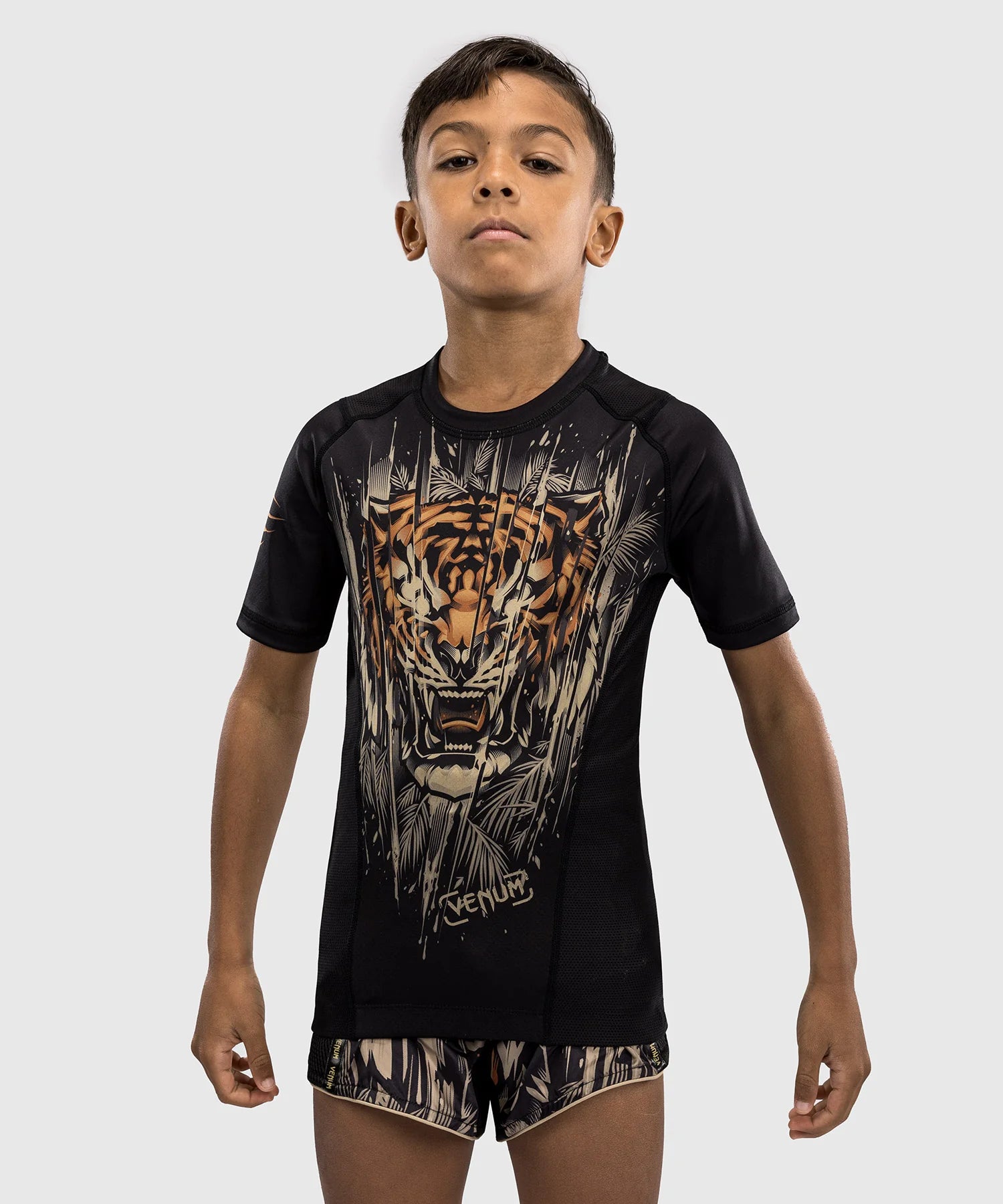 Rashguard à Manches Courtes Venum Tiger pour Enfants - Noir/Orange Néon