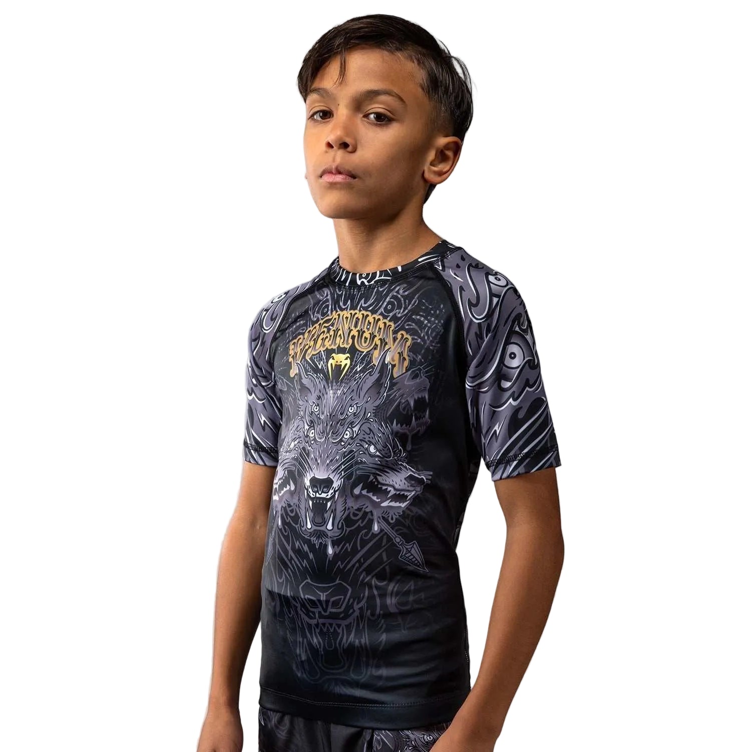 Rashguard enfant manches courtes Venum Wolf Atak noir gris confortable et résistant pour sports de combat enfant