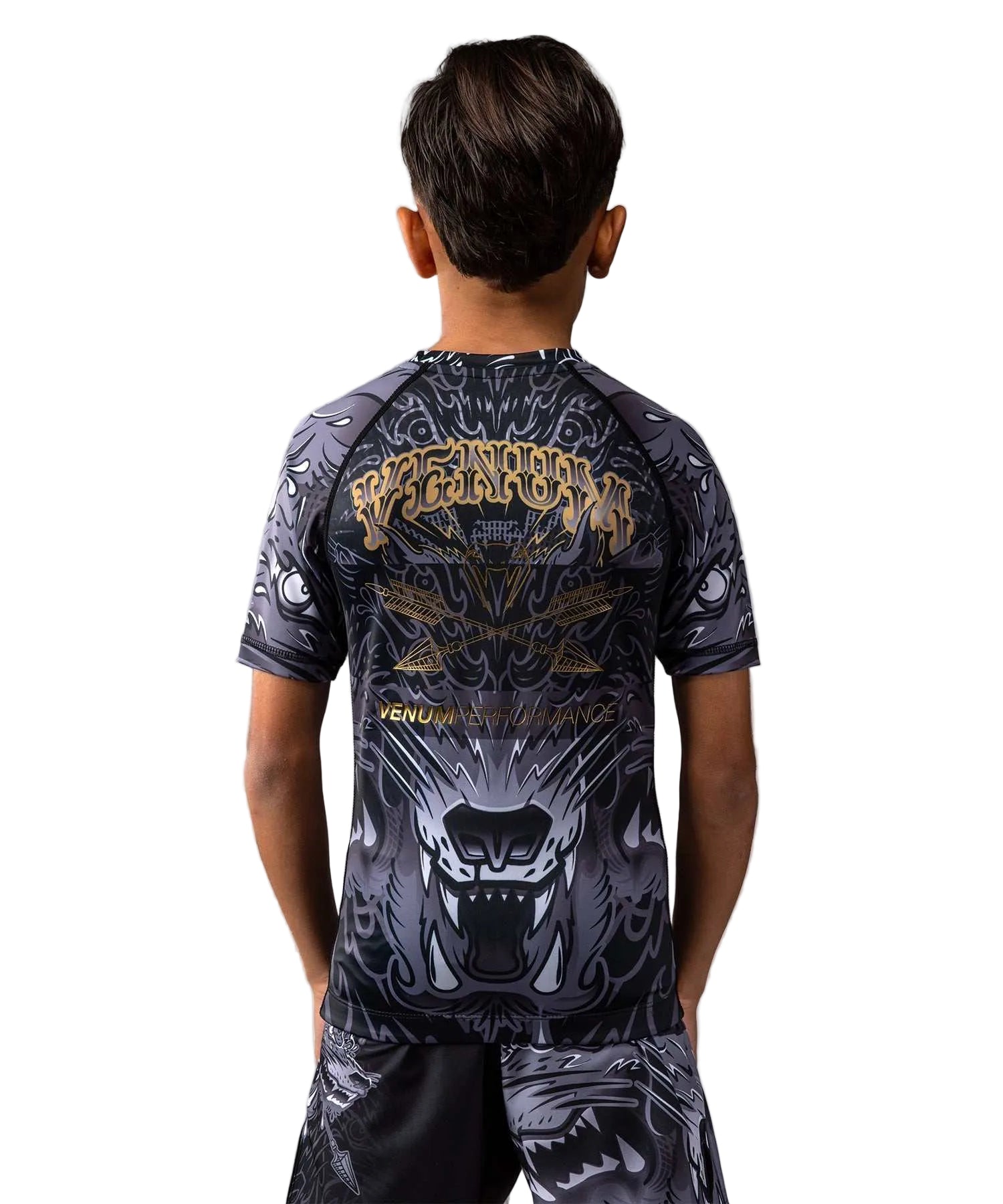 Rashguard enfant manches courtes Venum Wolf Atak noir gris pour sports de combat enfants