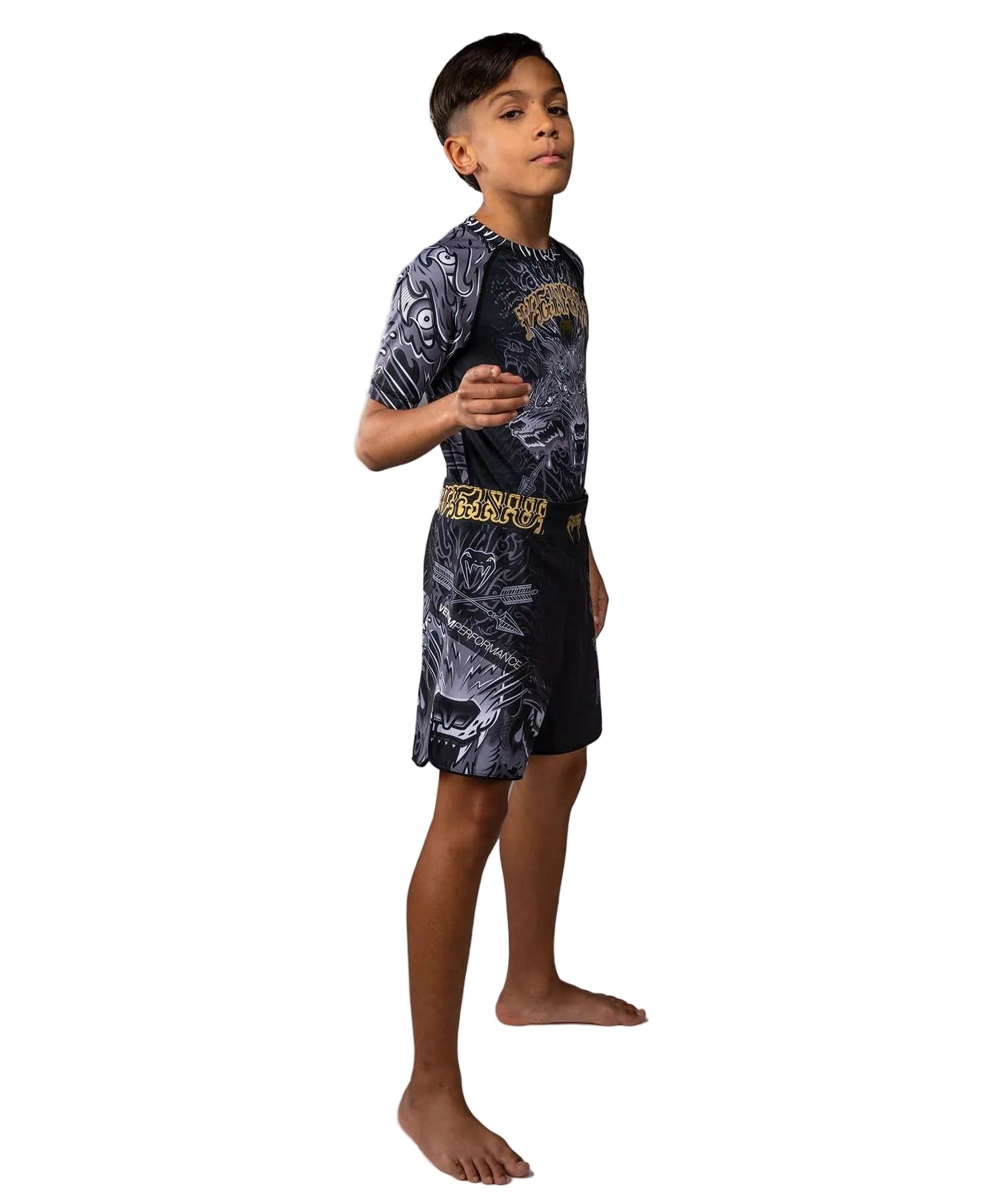 Rashguard enfant manches courtes Venum Wolf Atak noir gris pour sports de combat junior