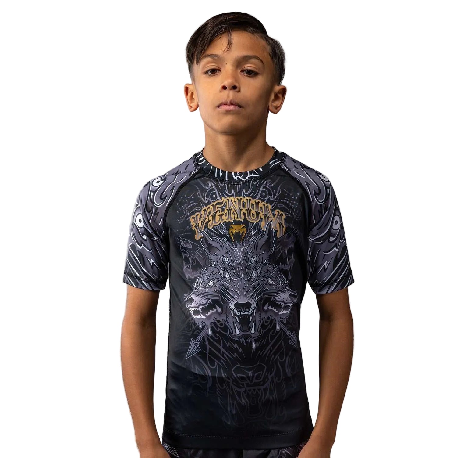 Rashguard enfant manches courtes Venum Wolf Atak noir gris pour sports de combat junior