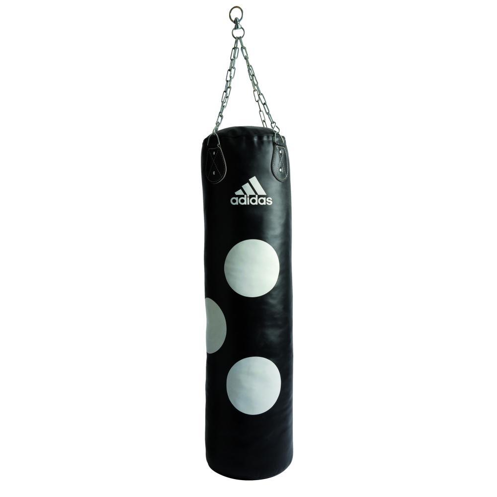 Black Adidas punching bag 180 cm with white precision target circles and sturdy steel chain hanger for martial arts training