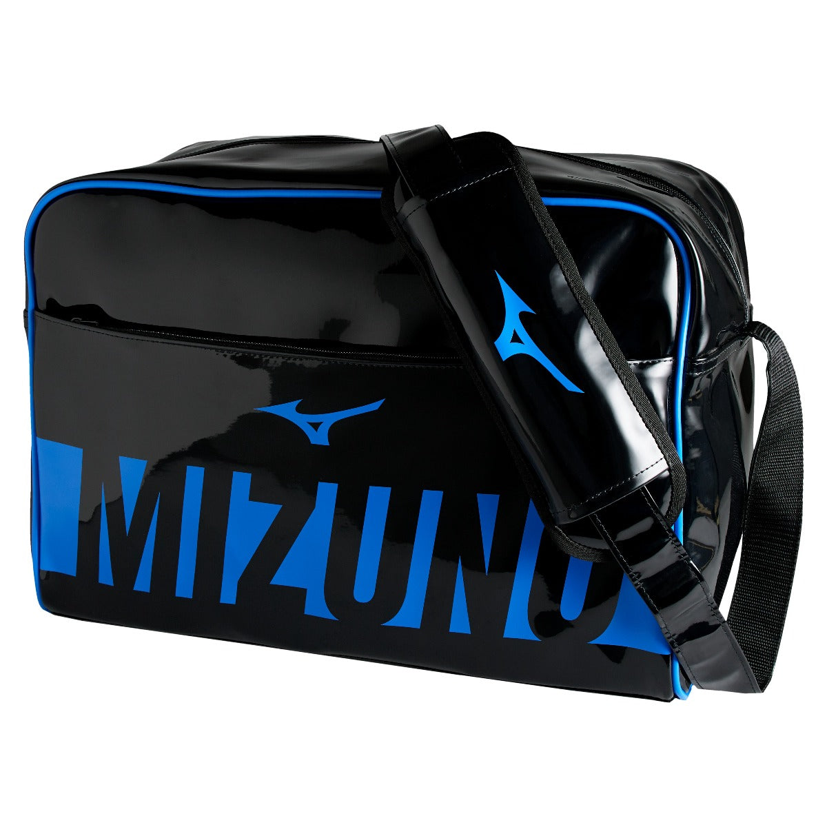 Black and blue Mizuno medium vintage sports bag for martial arts with adjustable shoulder strap and zippered front pocket