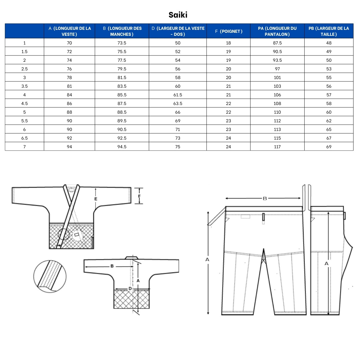 Guide des Tailles Veste de Judo Mizuno Saiki - Blanc