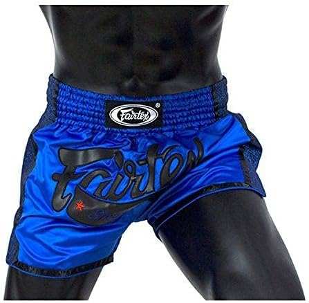 Shorts de Muay Thaï Fairtex BS1704 rouge/blanc et bleu/noir, coupe traditionnelle et confort optimal.