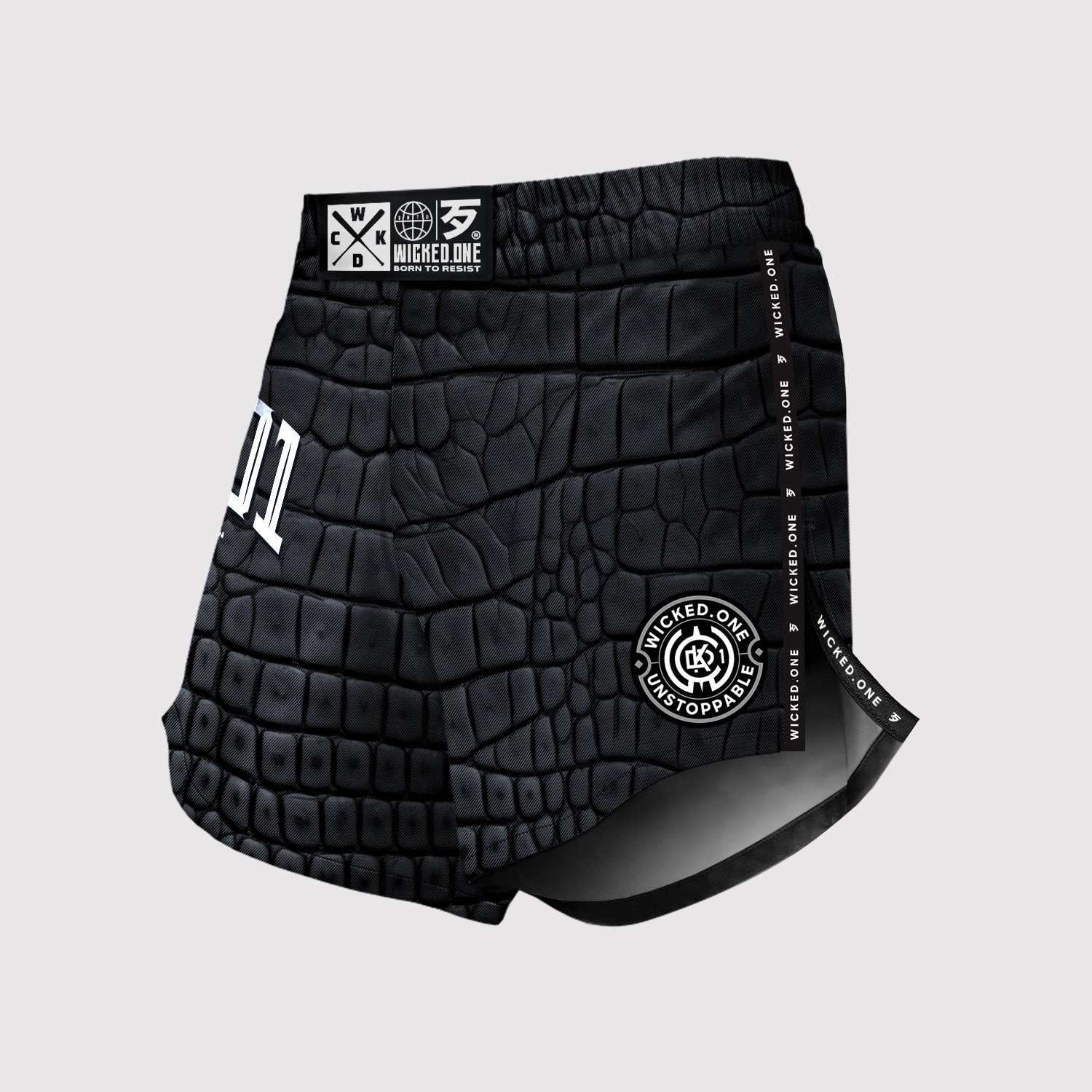 Short de MMA Wicked One Element Caiman noir et gris, robuste avec fentes latérales pour liberté de mouvement